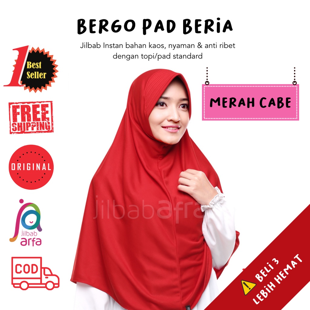 Jilbab Beria Merah Cabe - Bergo Jilbab Afra - Hijab Instan Bahan Kaos, Adem & Lembut
