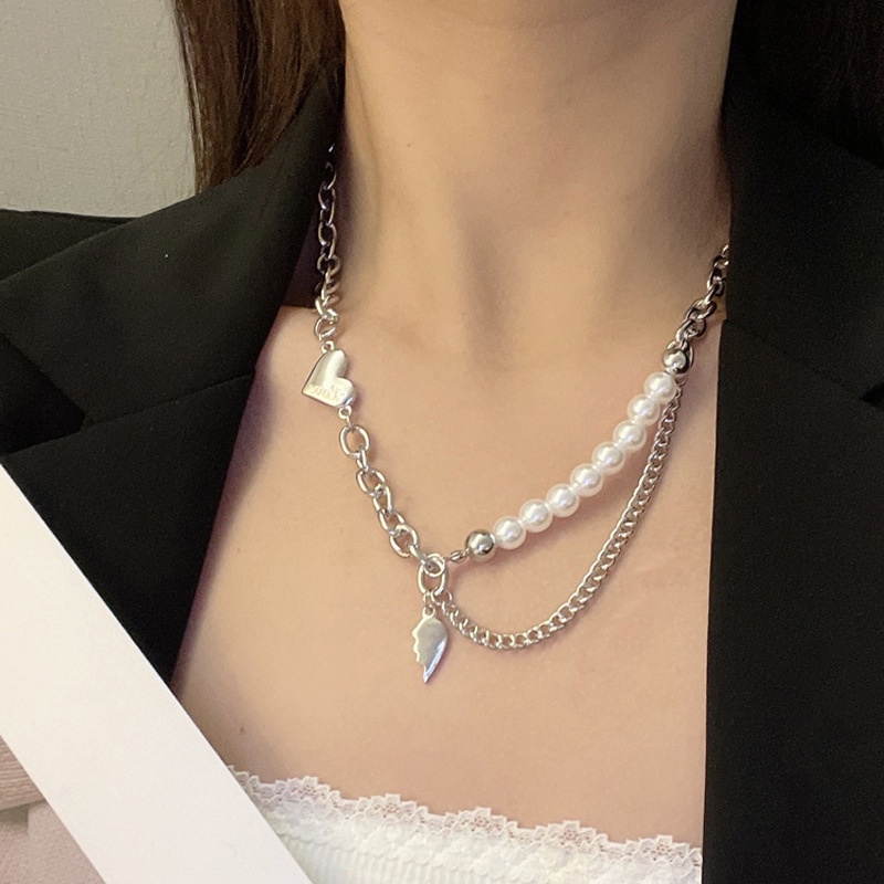 Kalung Rantai Liontin Desain Hati Hias Mutiara Gaya Koreakeren Untuk Wanita