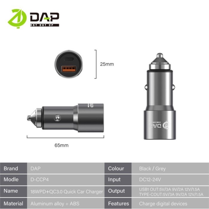 Car Charger Fast Charging Power Delivery + QC3.0 18W D-CCP4 DAP