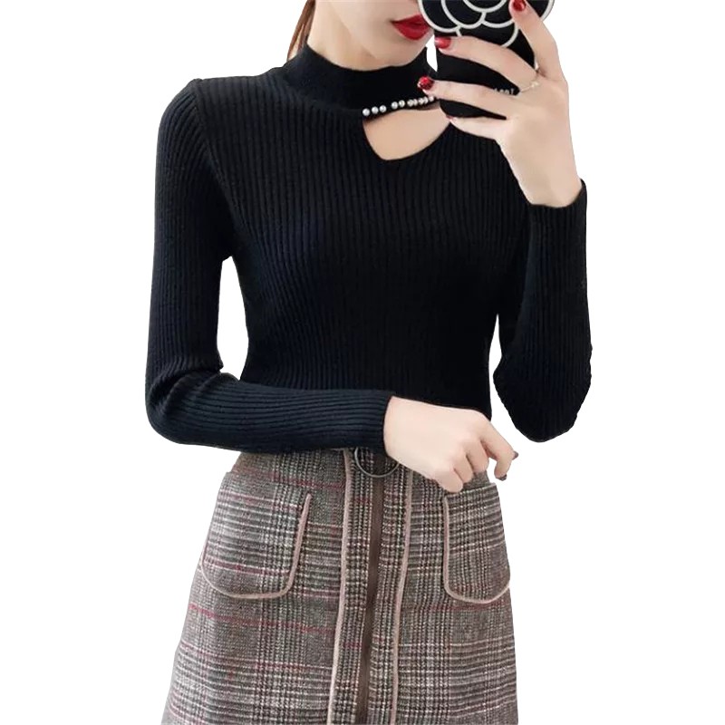 Sweater Rajut Leher Tinggi lengan panjang gaya Korea variasi mote - XSHOP Jefina