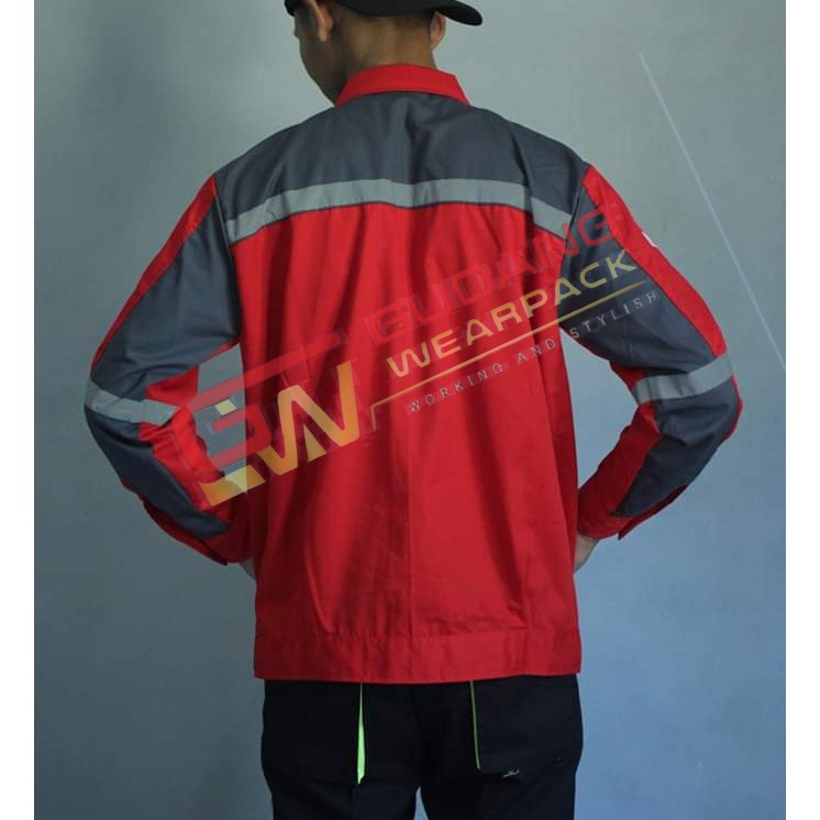 Star Wearpack - Baju Wearpack Seragam Kerja Model Resleting Warna Merah Kombinasi Abu