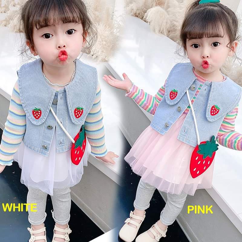 Dress Baby Perempuan Premium Dengan Vest Strawberry Rainbow Tutu