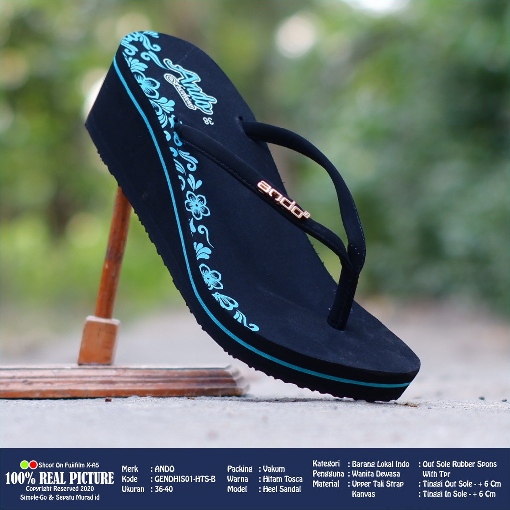 Sendal wanita wedges spon jepit original sandal cewek perempuan dewasa hak rata tinggi 5cm kwalitas import branded Ando Gendhis 03 01 ibu-ibu promo keren murah cod 36-40-GENDHIS01-HTMTOSCA