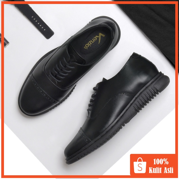 Einstein Black (Kulit Asli) - Sepatu Pantofel Pria Kulit Asli Formal Kerja Kantor Kuliah Casual Tali Pantopel Cowok Pria Oxford Pantofel Hitam Pria