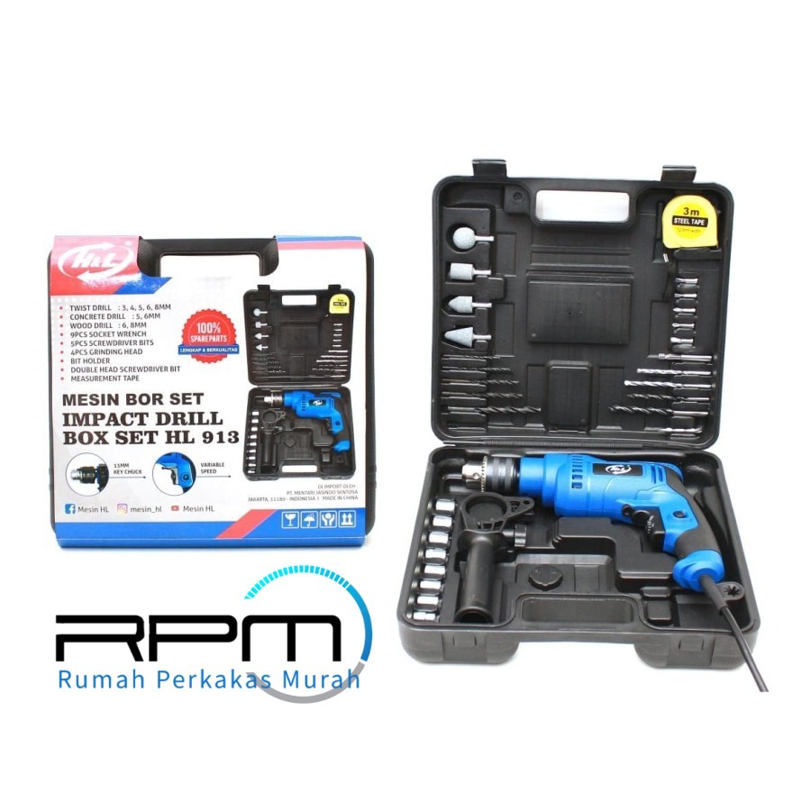 H&L HL913 Mesin Bor 13mm - Mesin Bor Set Impact Drill Box set HL 913 Bor Beton