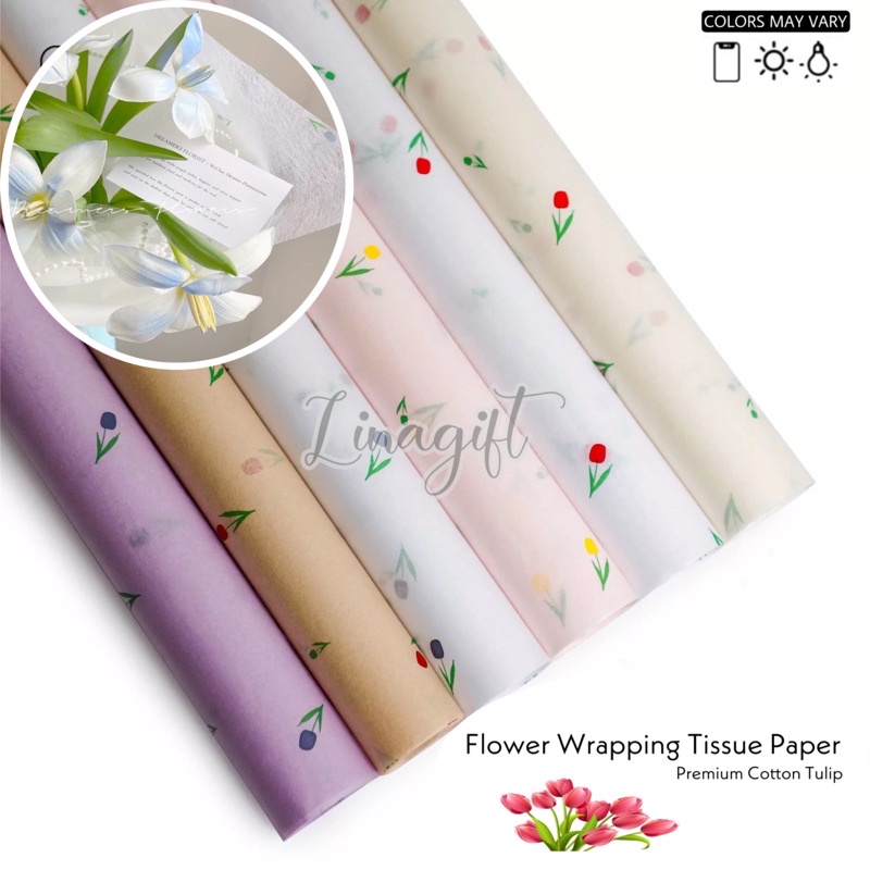 ( 5 Lembar ) PREMIUM COTTON TULIP - FLOWER WRAPPING TISSUE PAPER -  KERTAS BUNGA TISU KARANGAN BUKET BUNGA MOTIF