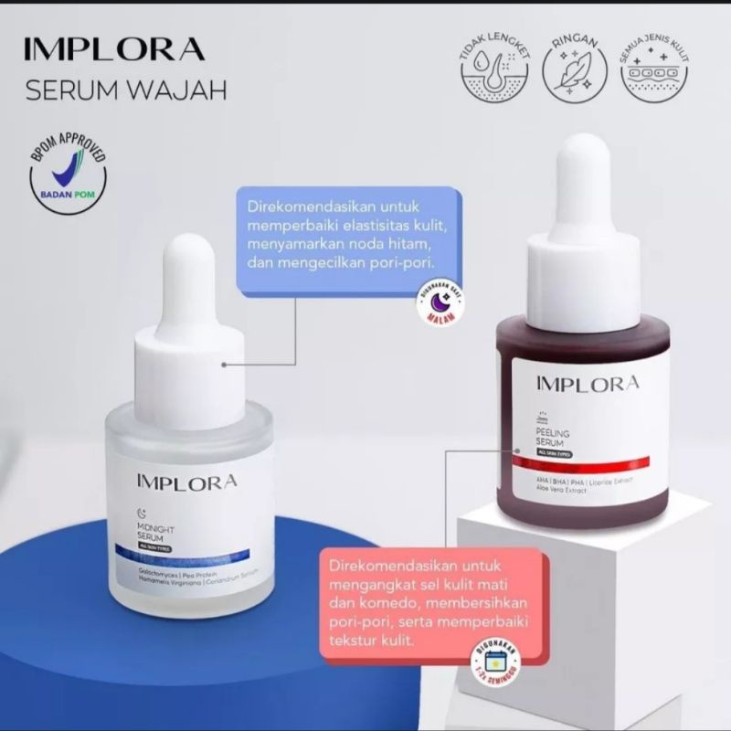 IMPLORA ACNE SERUM / LUMINOUS BRIGHTENING SERUM / MIDNIGHT SERUM / PEELING SERUM / SALMON DNA20ML BPOM