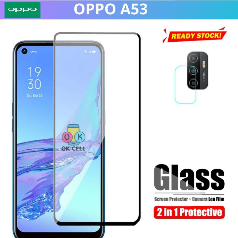 2in1- Tempered Glass Layar Camera Oppo A53 TG Anti Gores kamera Full Screen Protector Premium