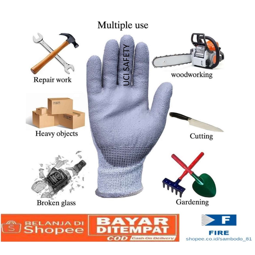 Anti Pisau Potong Anti Sayat safety Gloves Anti Pisau Potong Hand Gloves Coating Karet Warna Abu Abu Sarung Tangan Safety Kerja Kawat Besi Baja Kaca Pabrik industri Ukuran M &amp; L