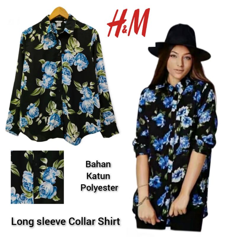 BAJU ATASAN WANITA KEMEJA KERJA LENGAN PANJANG KERAH - H*M LONG SLEEVE COLLAR SHIRT BLUE FLOWER POLY