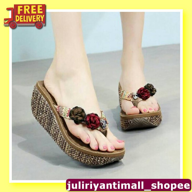 Sandal Slop Wedges Sendal Jelly Wanita 718 Merk Terbaru Ha Yt733  LC170 Dr48 Wedges Pita Bunga