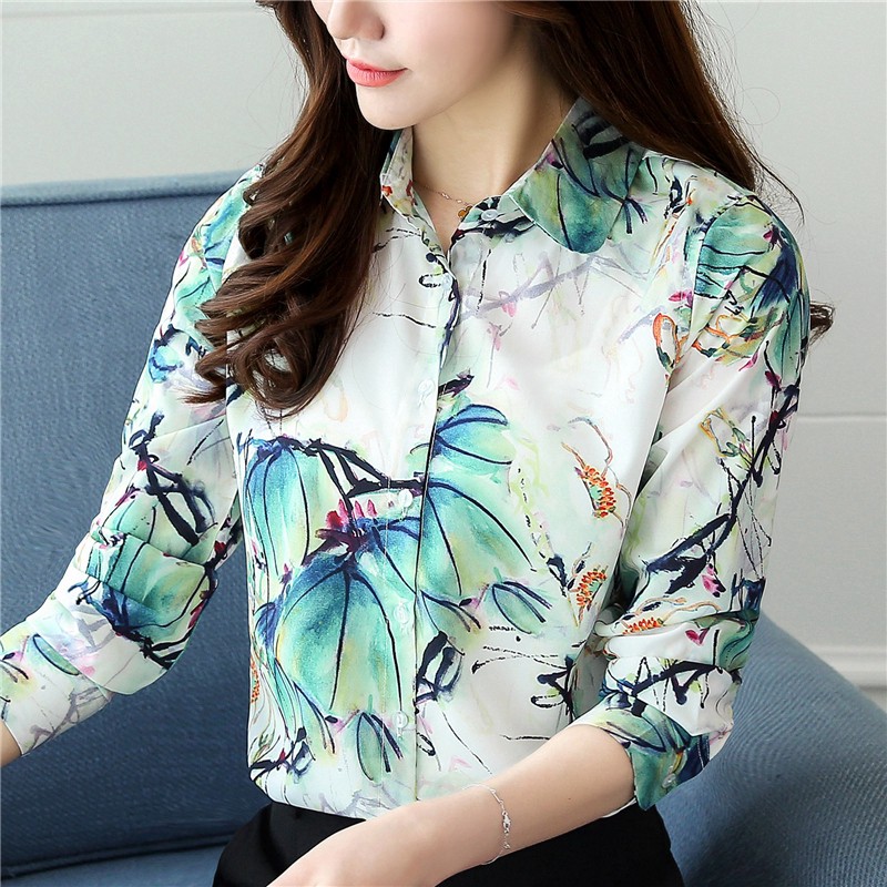 [baju wanita import] Kemeja Casual Wanita Lengan Panjang  Bahan Sifon Motif Bunga Bergaya