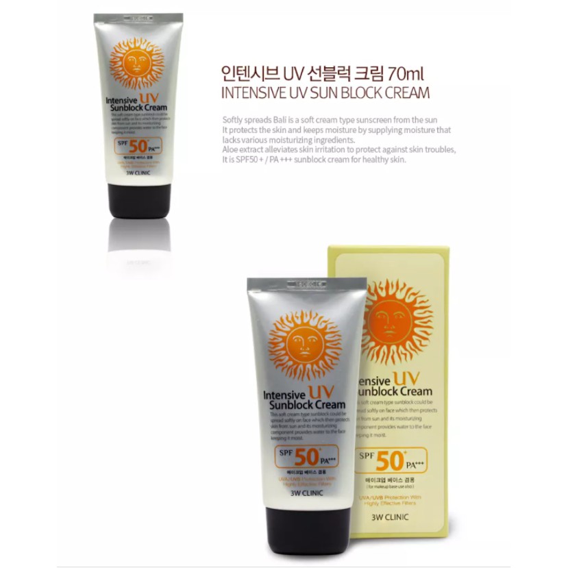 3W Clinic Intensive UV Sunblock Cream SPF 50+ PA+++ 70ml Sunscreen Sun Cream Korea Sun Block