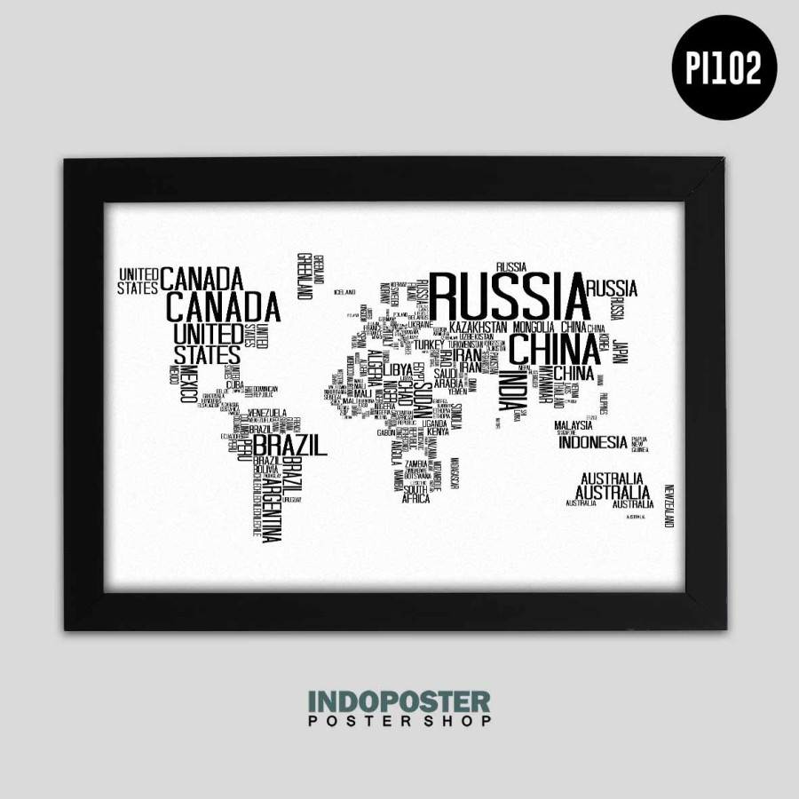 Poster Aesthetic World Map Peta Dunia Text Monochrome A3 45X30cm