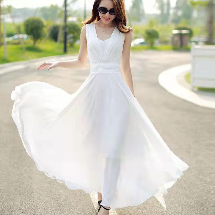 Stok terbatas.. Gaun Sifon Tanpa Lengan/Gaun Panjang Pantai/dress korea/dress wanita/midi dress/kore