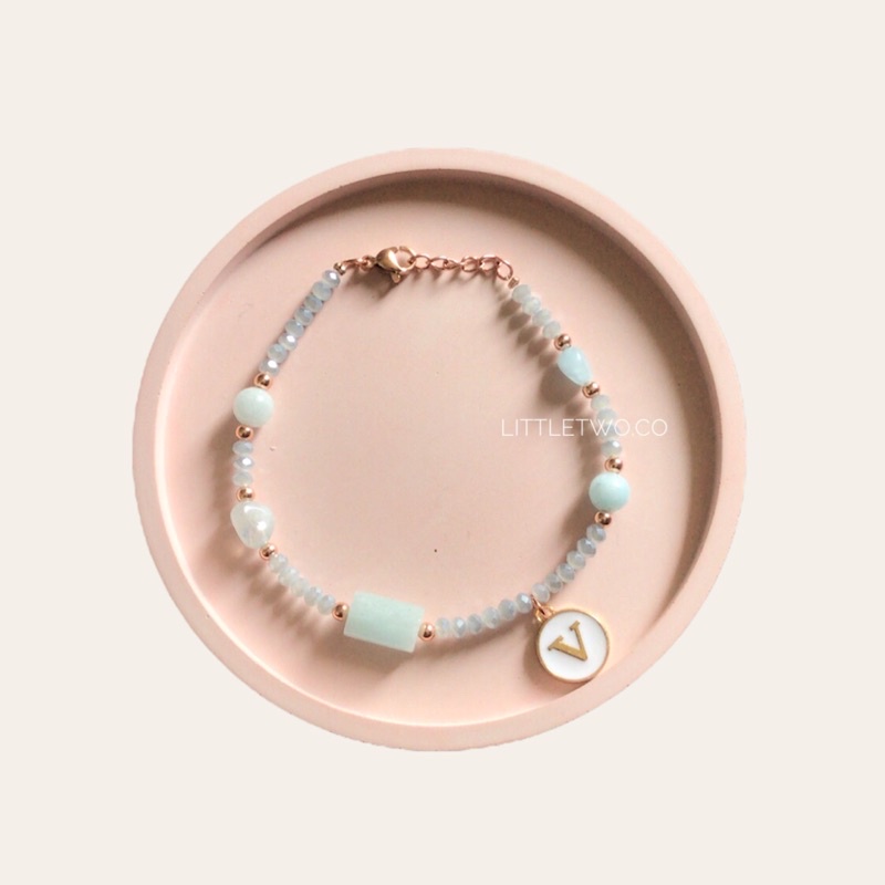 LITTLE TWO  Gelang Batu Rose Quartz Aquamarine Prehnite (free 1 huruf) - GYA Gelang Wanita Stainless Steal Anti Karat