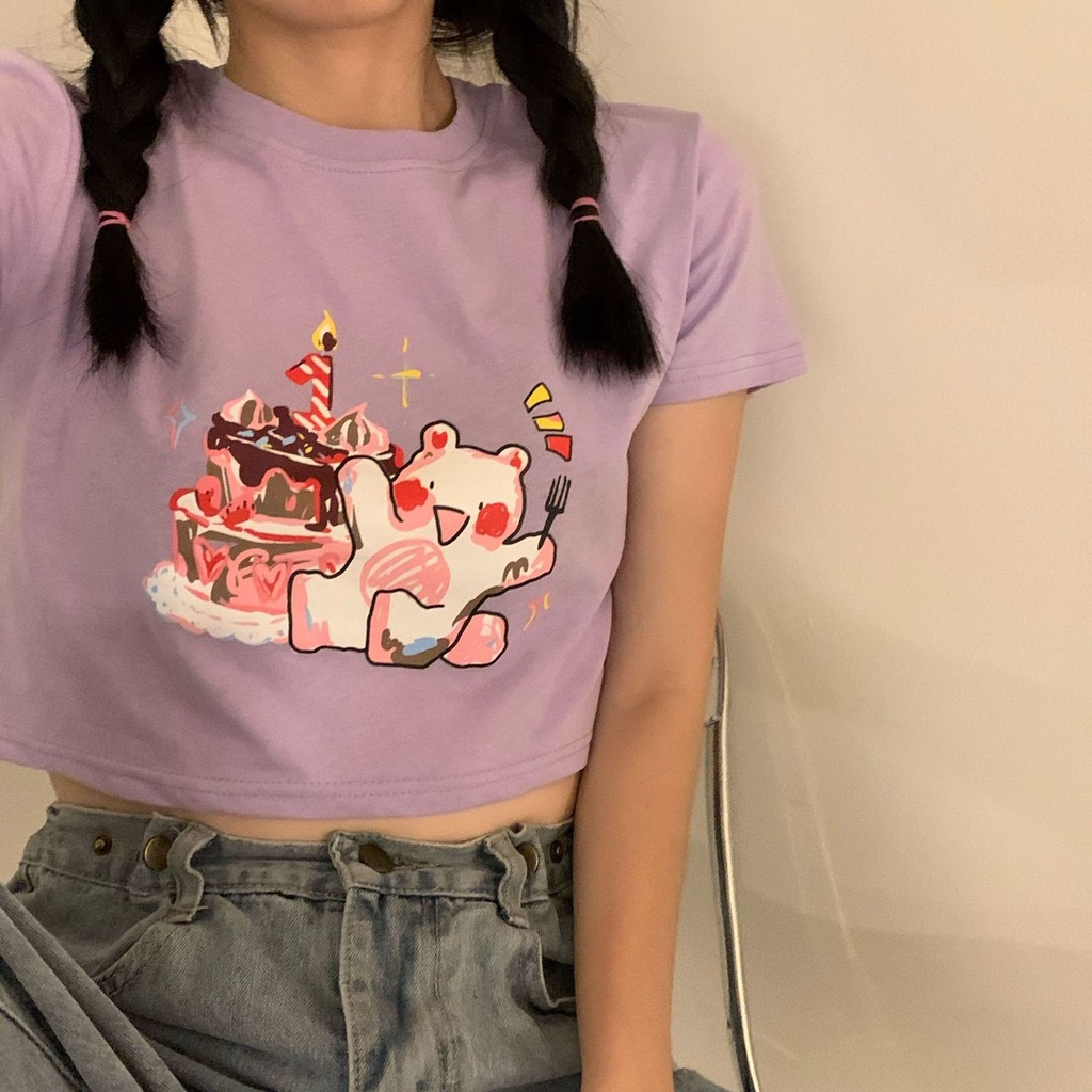 [littlecrab] Kaos Crop Happy Birthday Beruang Ulang Tahun Kue Lilin Unik Lucu Croptop Bday Lembut Berkualitas Beruang Pesta Kue Baju Crop Aesthetic Birthday Top Korean Style