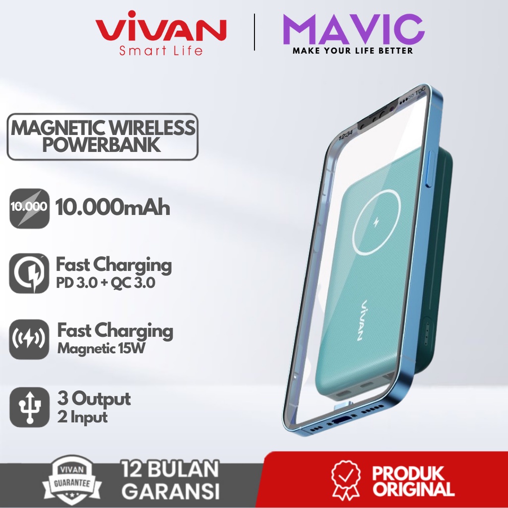 VIVAN VPB-W12 Powerbank 10.000mAh Magnetic Wireless Fast Charging 20W QC3.0 PD Support iPhone 13 12 Pro - Garansi Resmi 1 Tahun
