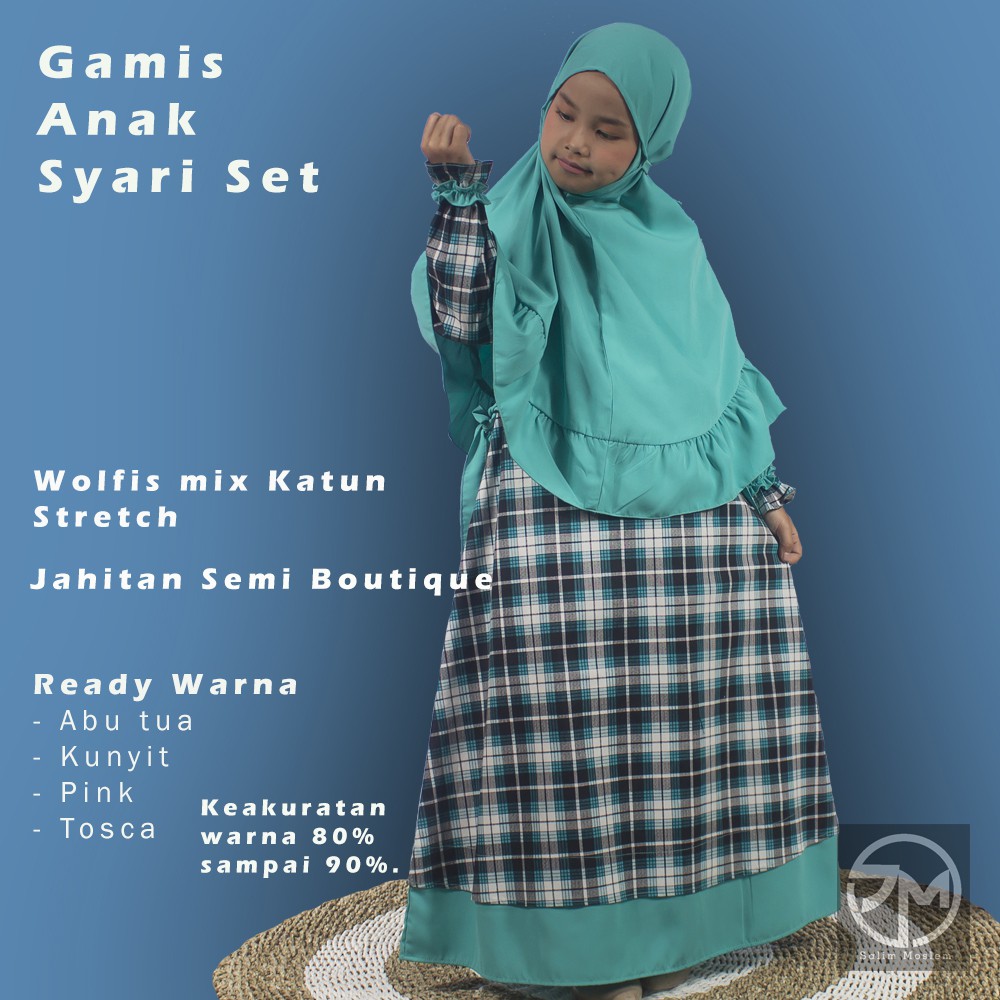 Salim Moslem – Baru Dan Original- Busana Muslim/Gamis Anak Syari Set Kerudung Motif Kotak