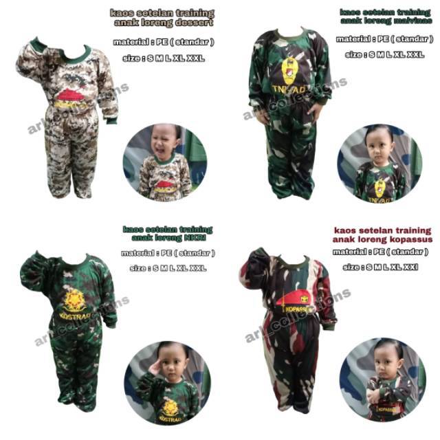 Kaos anak loreng army/baju setelan anak loreng/trening anak atas bawah laki-laki/perempuan