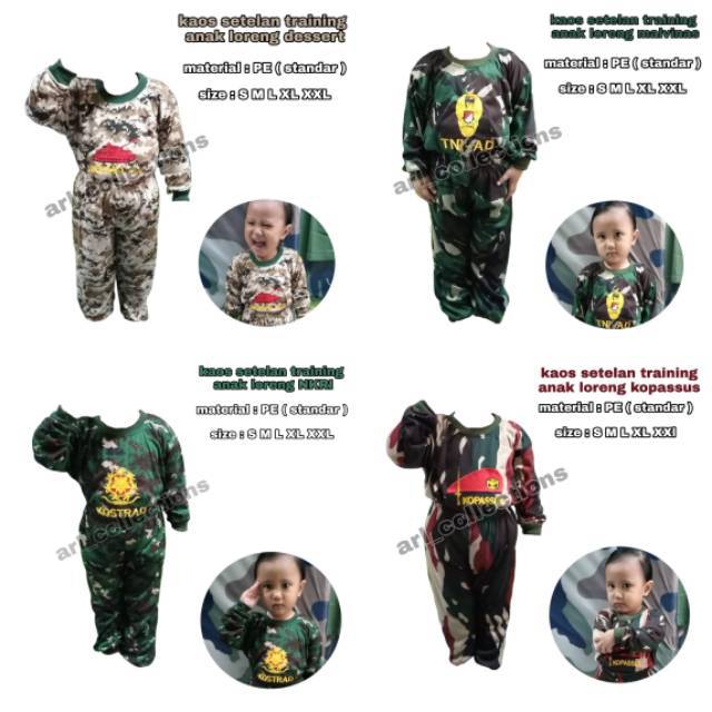 Kaos anak loreng army/baju setelan anak loreng/trening anak atas bawah laki-laki/perempuan