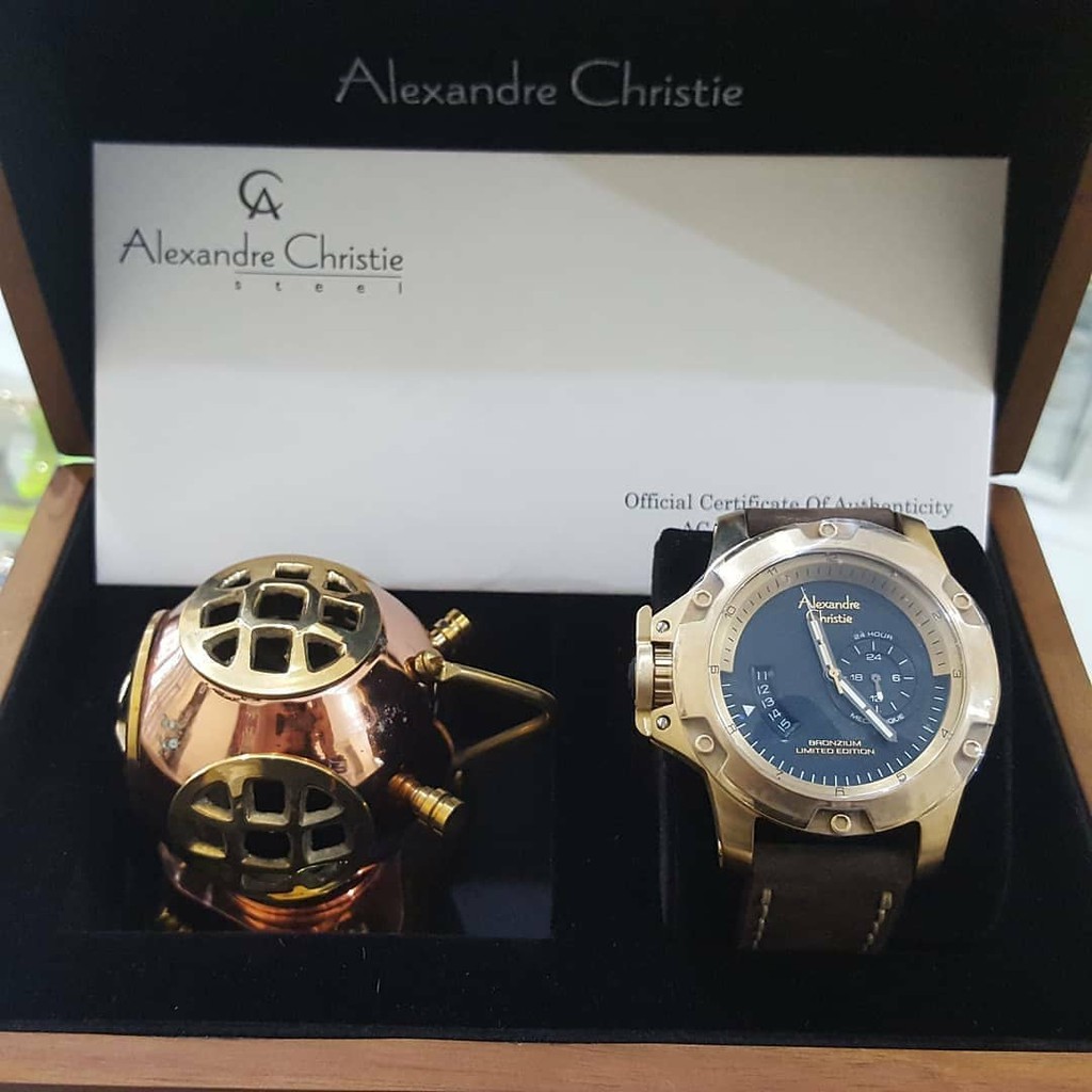 Jam Tangan Ori Alexandre Christie Pria AC 6481 Automatic Bronzium Limited Edition Tali Kulit Coklat