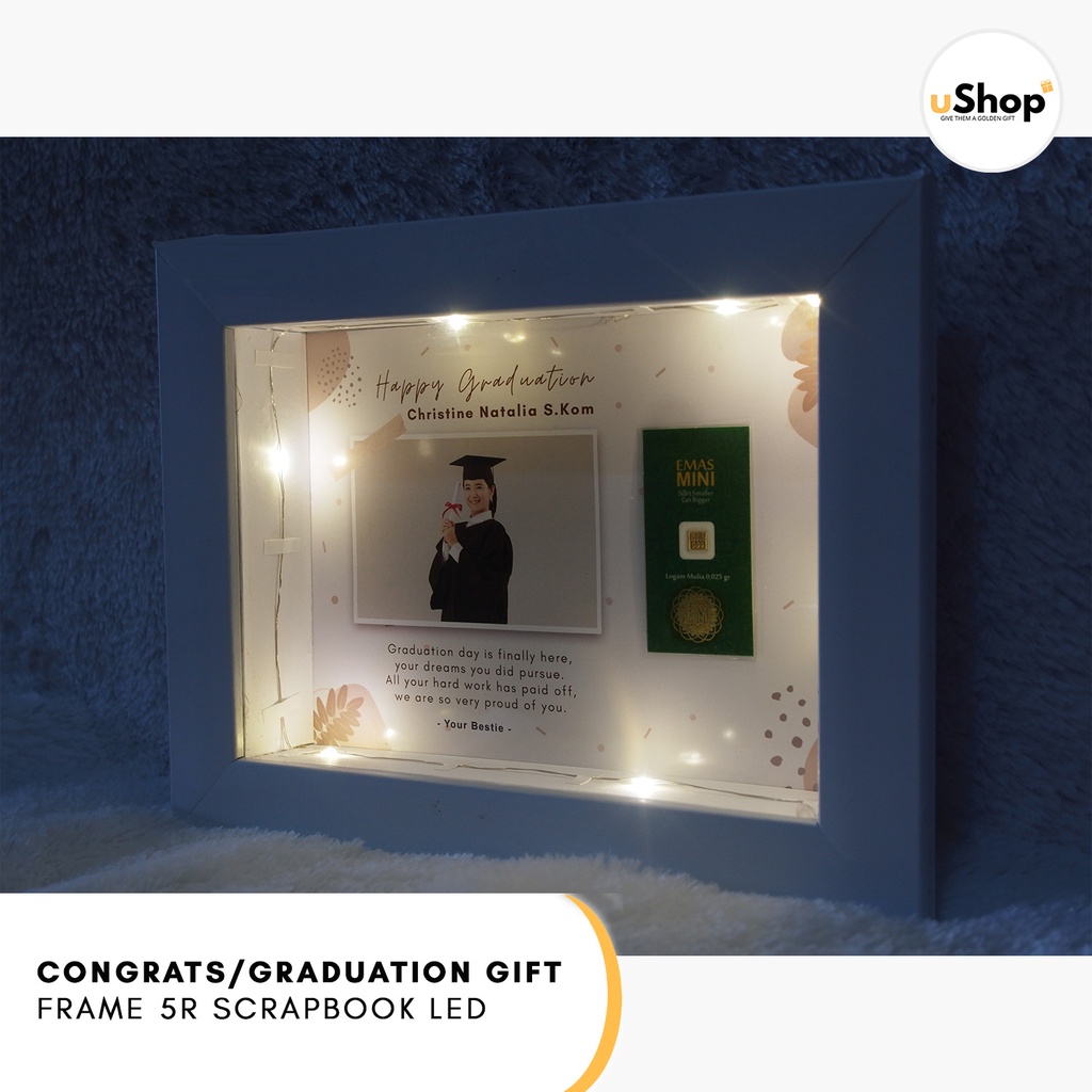 Graduation Congratulation Gift Kado Wisuda Frame 5R Scrapbook LED Logam Mulia Emas Mini