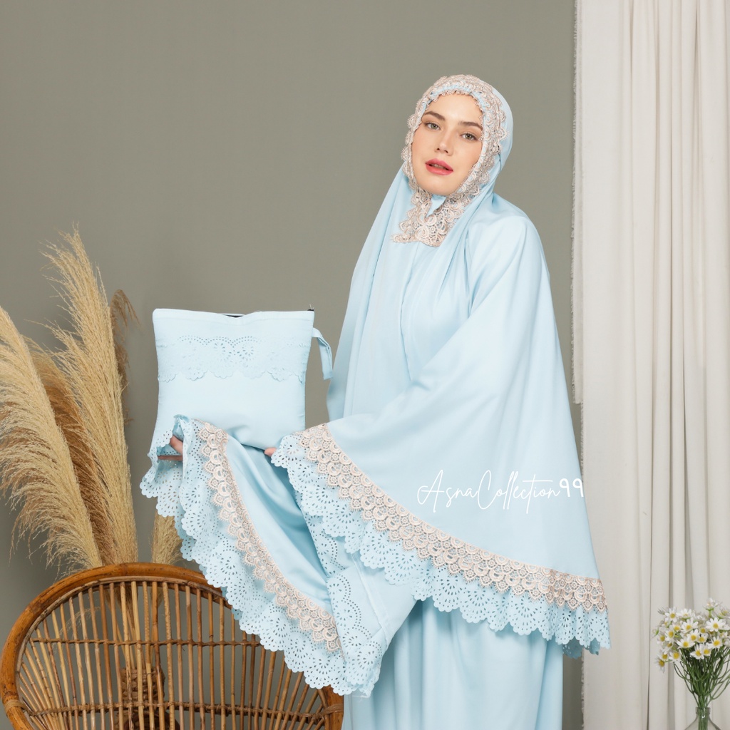 Mukena Dewasa Daily AsnaCollection٩٩ Rempel Lasercut Renda Mewah Jumbo Traveling Cantik