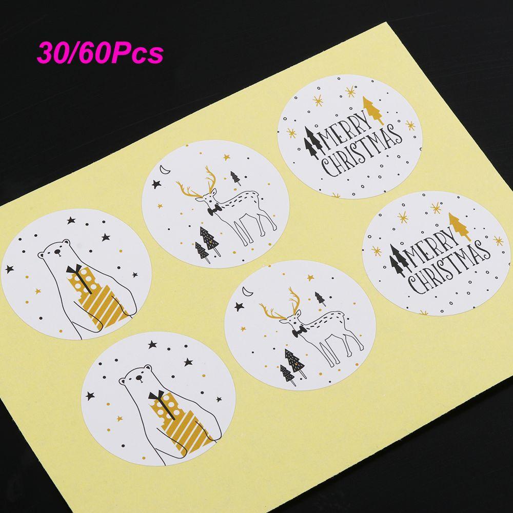 Solighter 30/60Pcs Kertas Kado Stiker Elk Perlengkapan Pesta Biskuit Gift Box Bear &amp; Deer Sealing Craft Merry Christmas