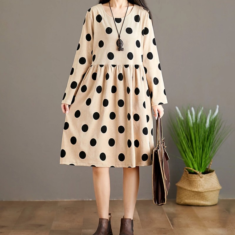 Fashion wanita baru longgar ukuran besar dress lengan panjang polkadot ramping