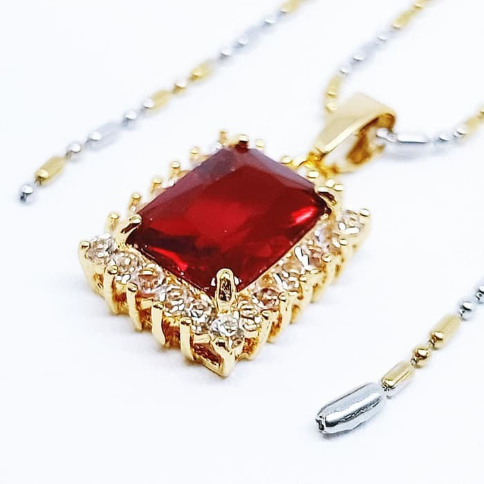 Kalung Liontin Batu Kristal Merah Delima Cutting Kotak