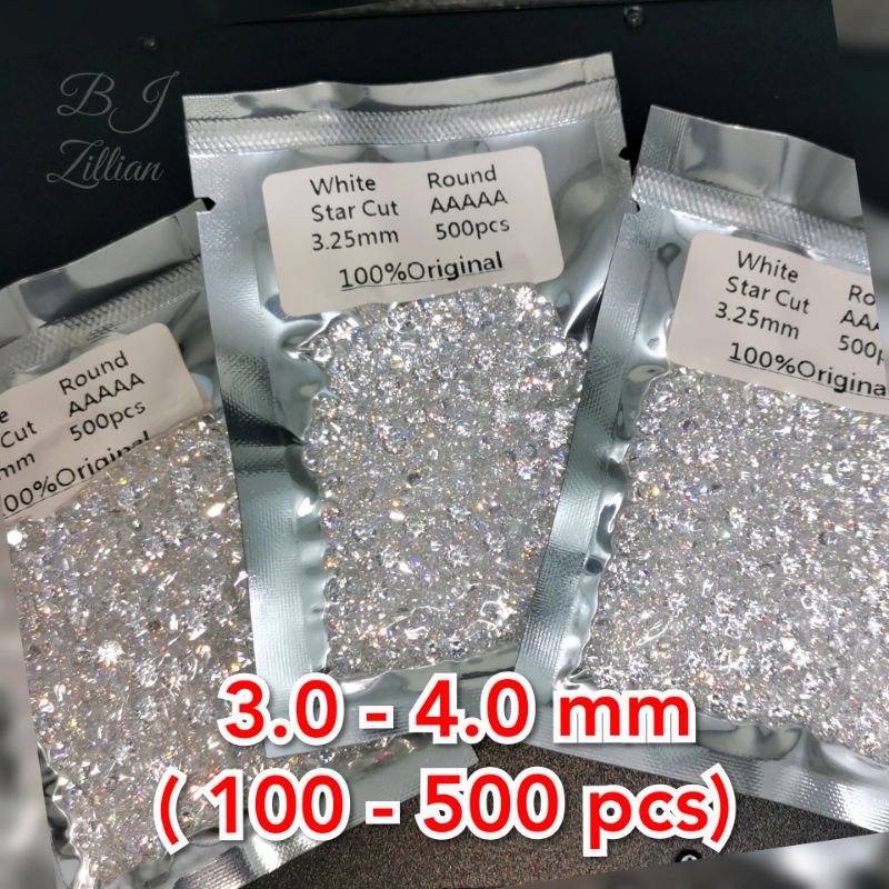 A5 Quality Cubic Zirconia 3.0-3.5mm - 4.0mm 100-500 butir per Pack Original Zircon