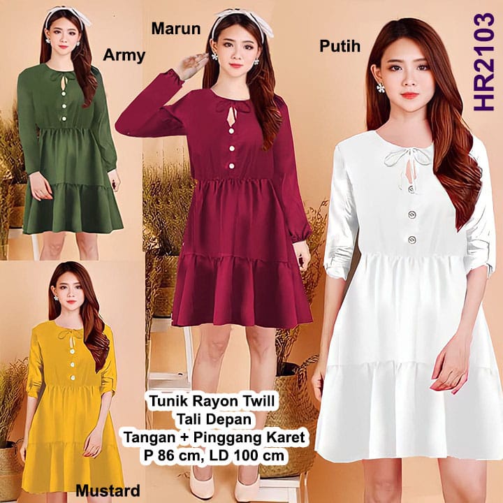 HR2103 Tunik Rayon Twill Tali Depan Tangan Pinggang Karet / Tunik Rayon Twill / Tunik blouse / Tunik