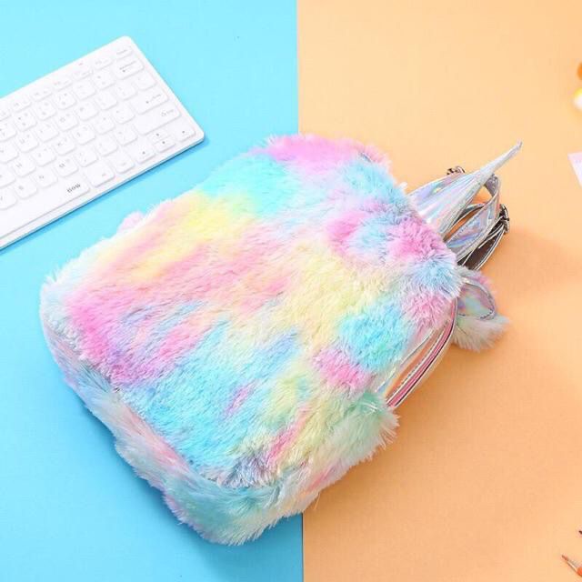 READY STOCK NEW Tas Ransel Wanita UNICORN HOLOGRAM Bulu Lembut Halus Soft Fluffy Imut Lucu Gemoy Omo Omo Kiyowo / Backpack Stylish Bentuk Hewan Kuda Pegasus Korean Style K-POP