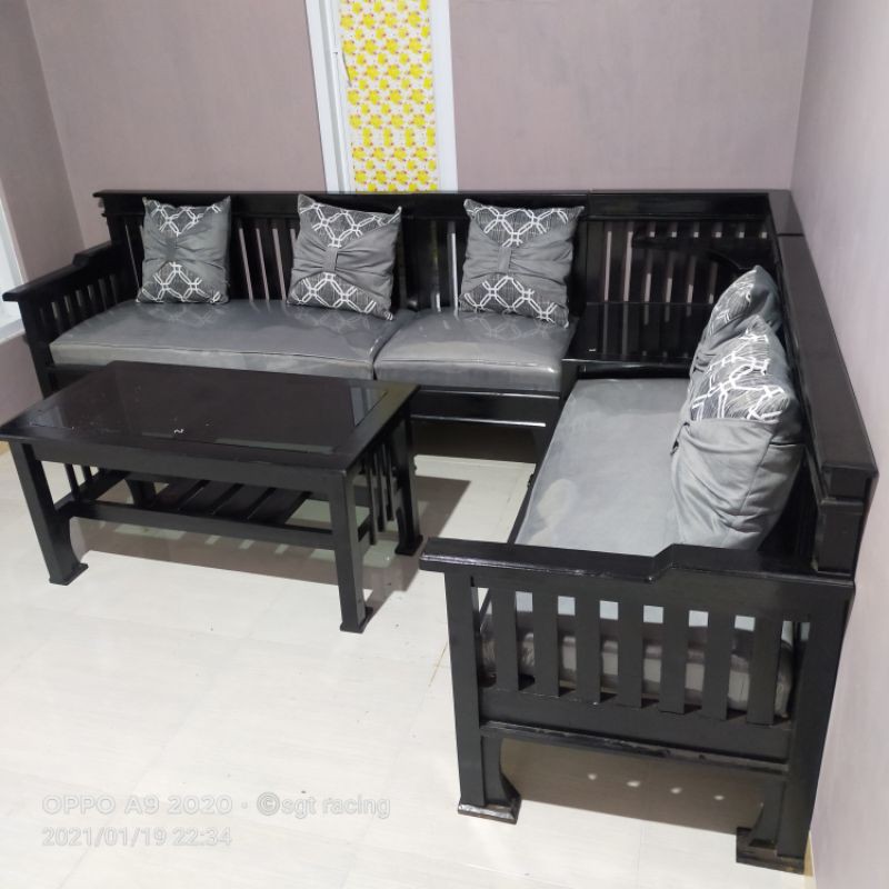 KURSI SUDUT KAYU JATI FREE BUSA DAN BANTAL