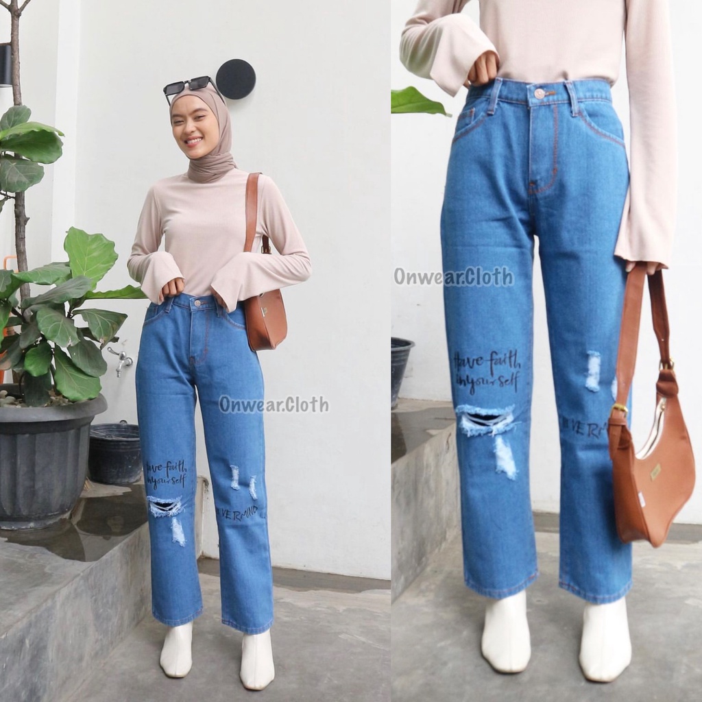 Trivela - Boyfriend Loose Jeans 392 - Boyfriend Loose Sobek Bordir - Nevermind Loose Jeans Medium Blue