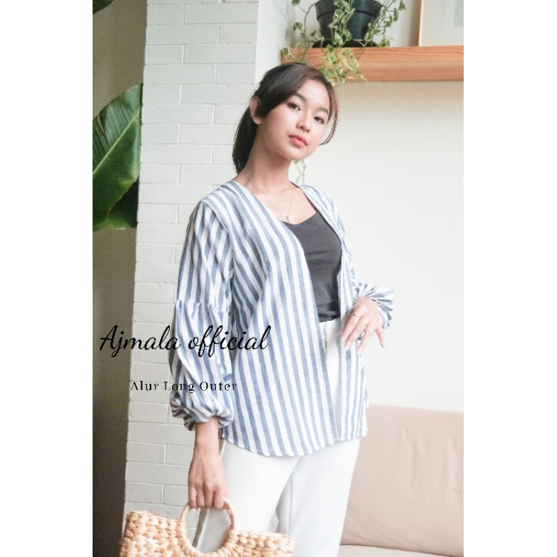 Alur Outer long Cardigan motif garis kardigan