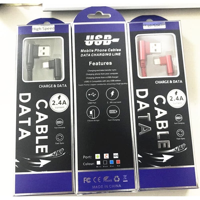 Kabel Charger Gaming model L 2.4A Micro USB / Type C / Lightning Fast Charging 90 derajat