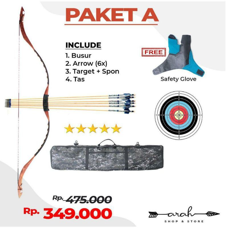 Paket lengkap busur A (Busur+6 arrow+Tas panahan+Target & Bantalan+ Free Pelindung tangan)