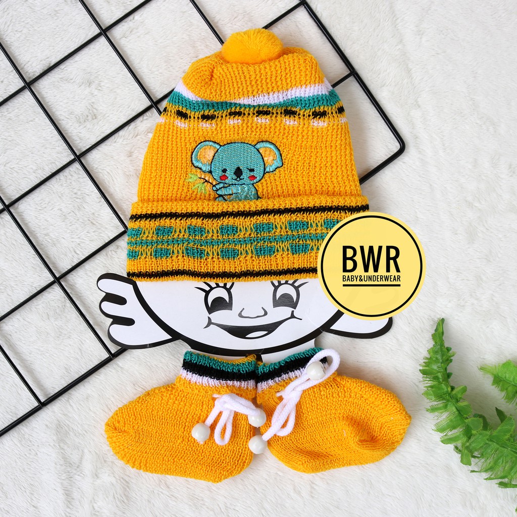 Topi Set Kaos Kaki Rajut BOBOKO / ABELIO | 0-6 M Topi Bayi Newborn Rajut Berkualitas PIlih Warna - Bwr IX