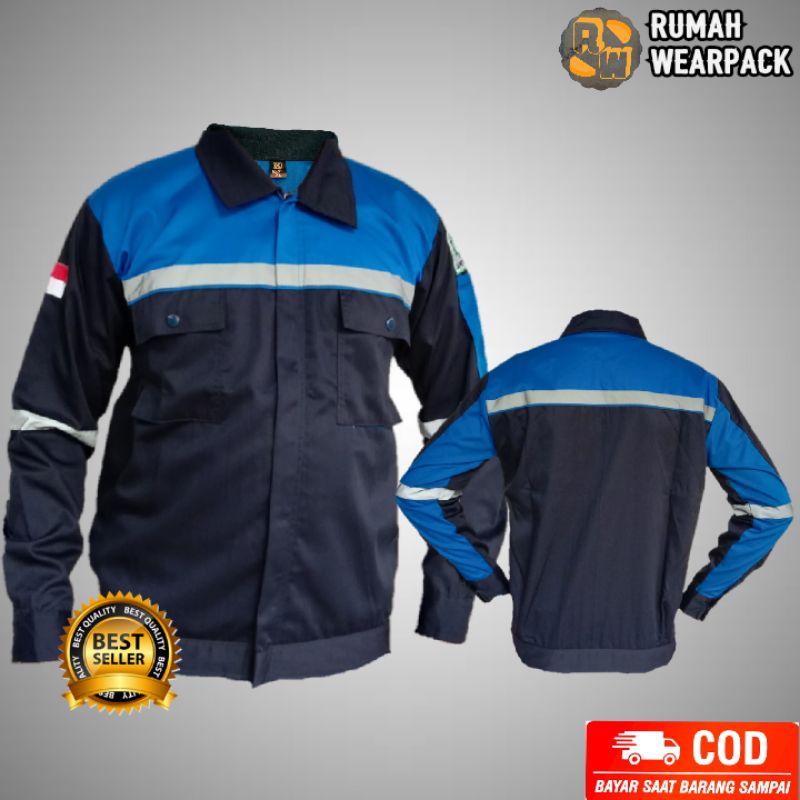 Baju Kerja/ Wearpack Proyek/ Seragam Kerja Atasan Navy Kombinasi Biru BCA