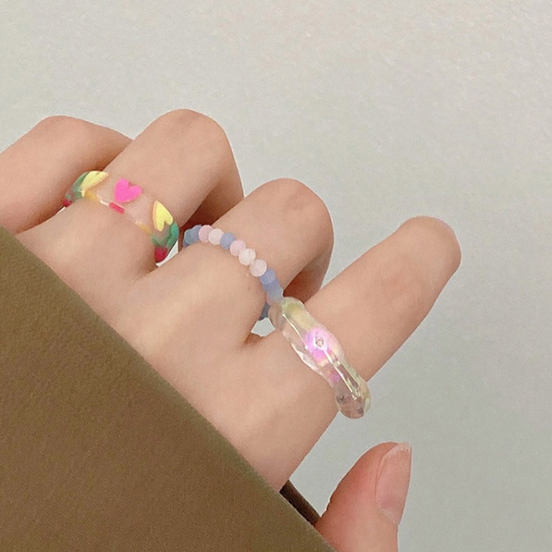 3pcs / Set Cincin Manik-Manik Resin Bentuk Hati Untuk Wanita