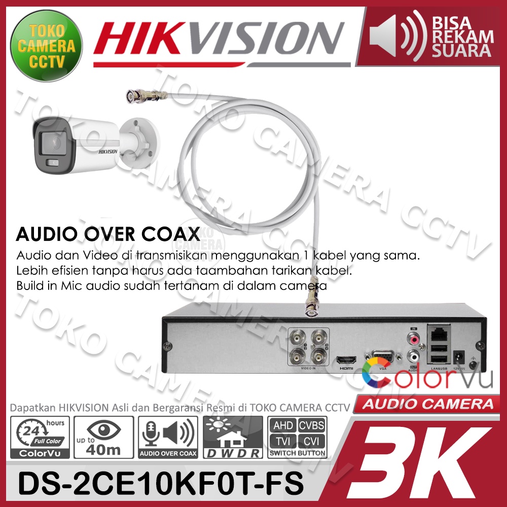 KAMERA CCTV OUTDOOR 3K 5MP COLORVU AUDIO HIKVISION DS-2CE12KF0T-FS