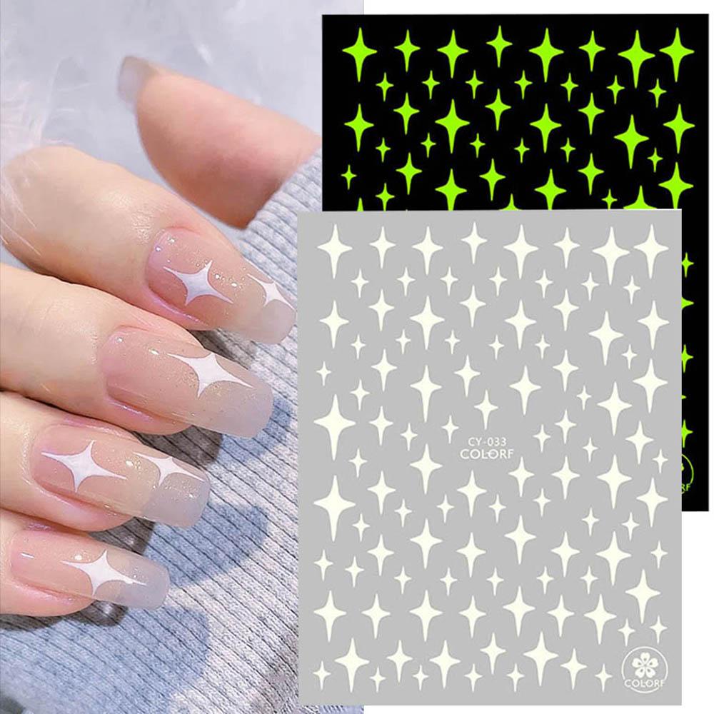 R-flower 1/6PCS Stiker Kuku Menyala Dalam Gelap 3D Nail Polish Sticker Rose Butterfly Nail Art Glitter Decal