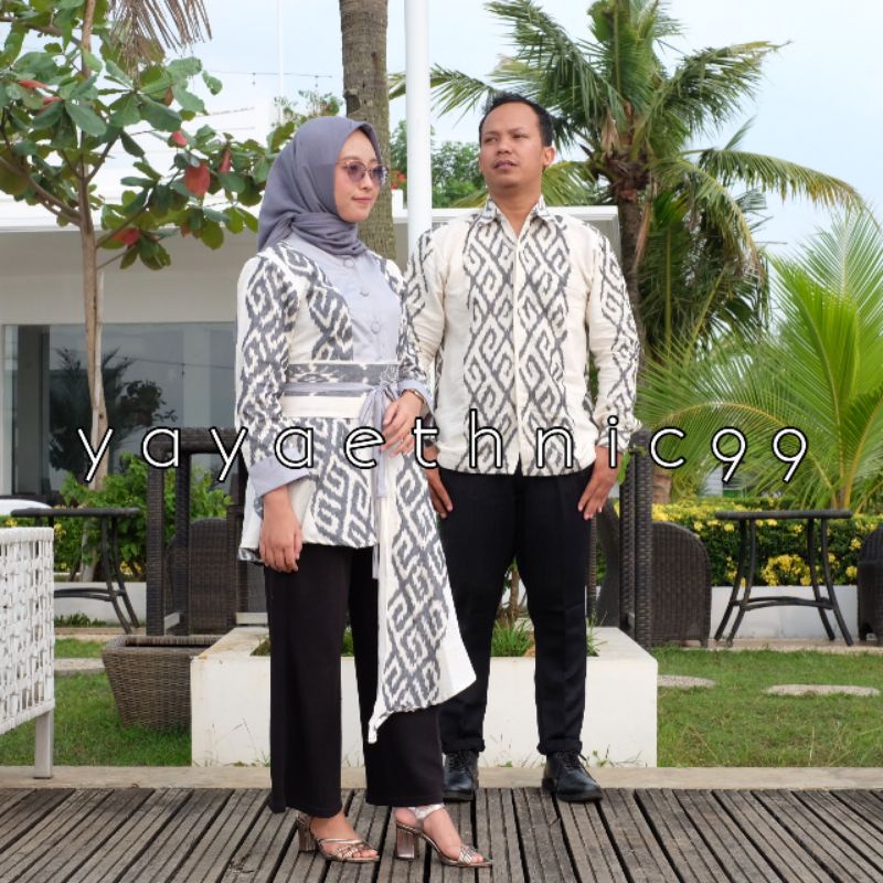 Set couple marwa ivory, couple baju kondangan, couple busana tenun, couple prewed, dress tenun troso, tunik marwa, kemeja tenun ivory