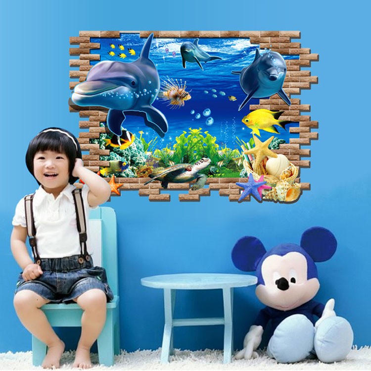 RELIZA WALL STICKER JENDELA 2D 3D IKAN LUMBA LUMBA FISH DOLPHINS STIKER DINDING AY9706