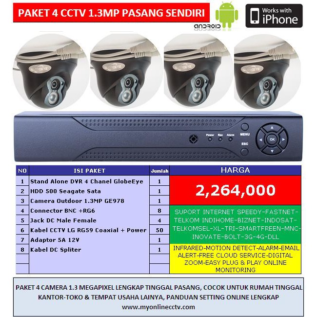 Paket 4 Kamera CCTV AHD 1.3Megapixel Lengkap Murah Camera HD Online 3G