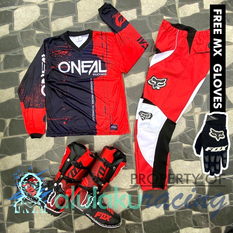 Jersey, Celana, Sarung Tangan &amp; Sepatu Fullprint with Protectors Fullset MX Trail Motocross - Paket Bundling ONCTFG031003-F41