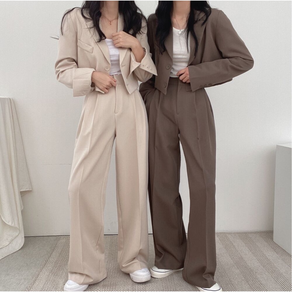 Setelan Wanita Kekinian Import Korean Style Celana Kulot Highwaist Loose/Blazer Crop Jaket Lengan Panjang/Pakaian Wanita Terbaru/One Set Wanita