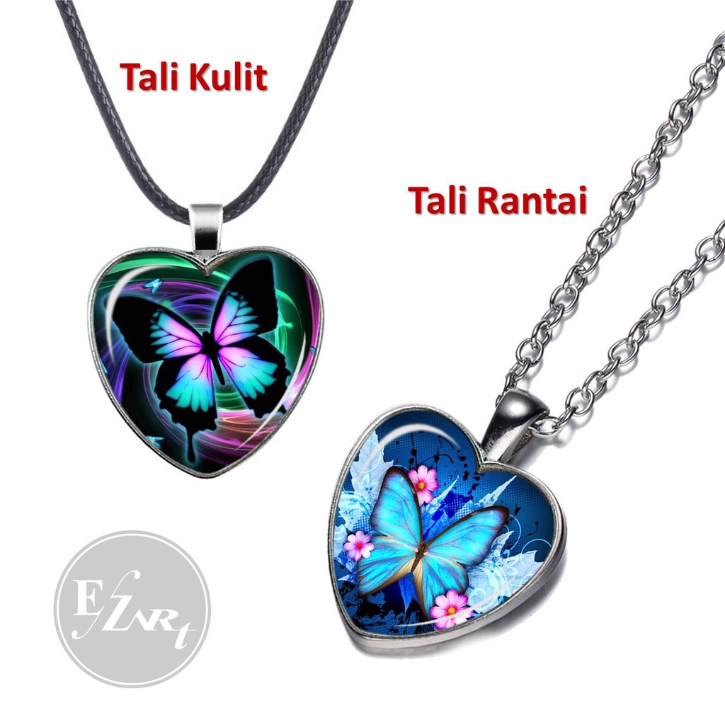 MOTIF KUPU CANTIK - KALUNG LIONTIN KACA BENTUK HATI CINTA CEMBUNG TALI KULIT RANTAI STAINLESS STEEL